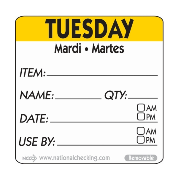 50mm Tuesday  Removable Day Label (500) - RIDU2202R